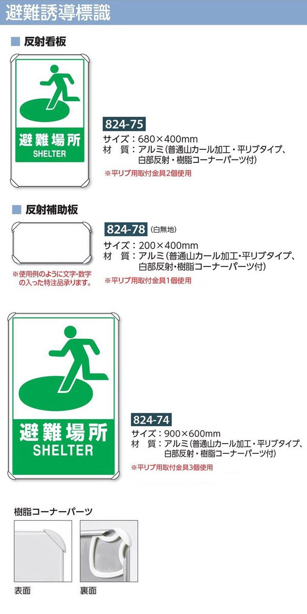 ユニット 824-75B 反射表示板 避難場所 平リブ付-