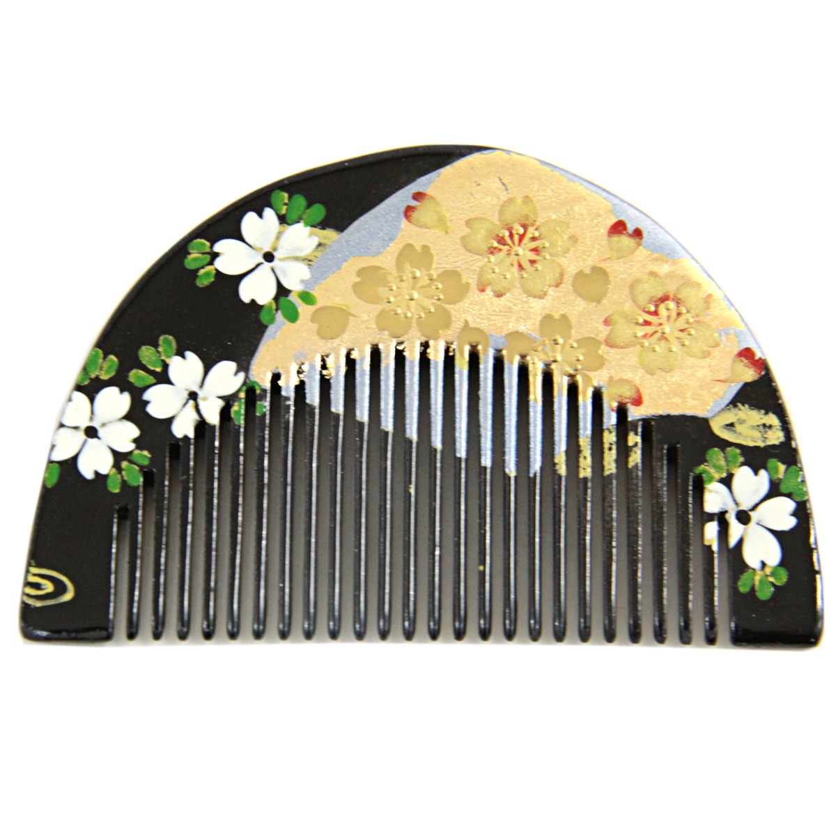 櫛かんざし -91- 前櫛 小丸 髪飾り 蒔絵 黒/赤 桜と扇 : 10010863 