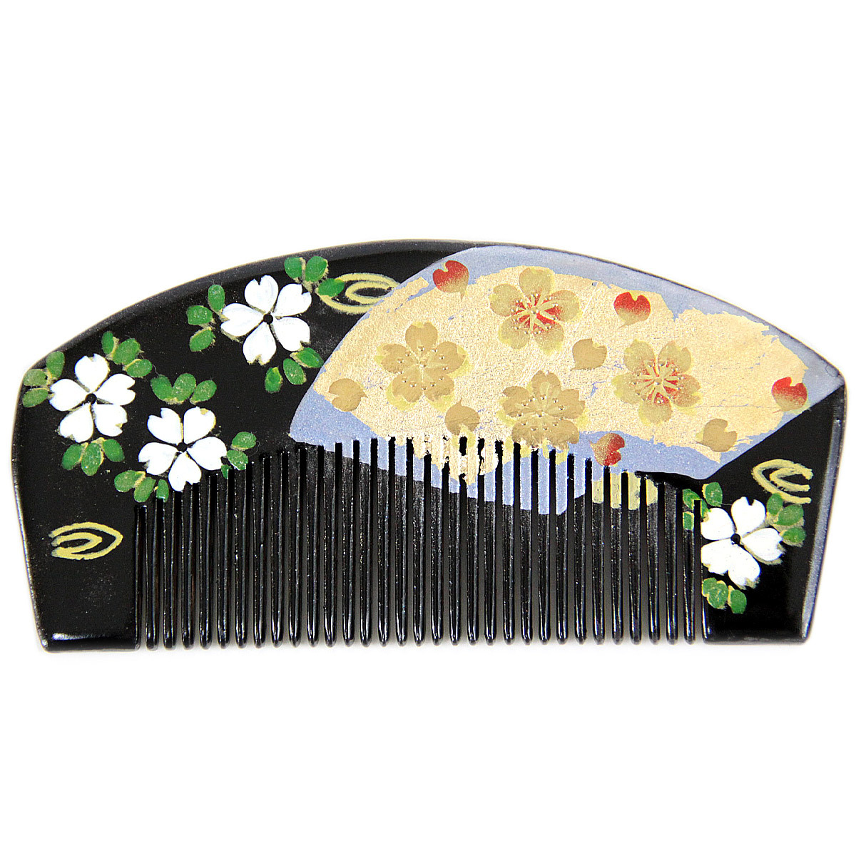 激安の 櫛かんざし -92- 前櫛 赤 蒔絵 黒 髪飾り 半京 桜と扇 着物、浴衣
