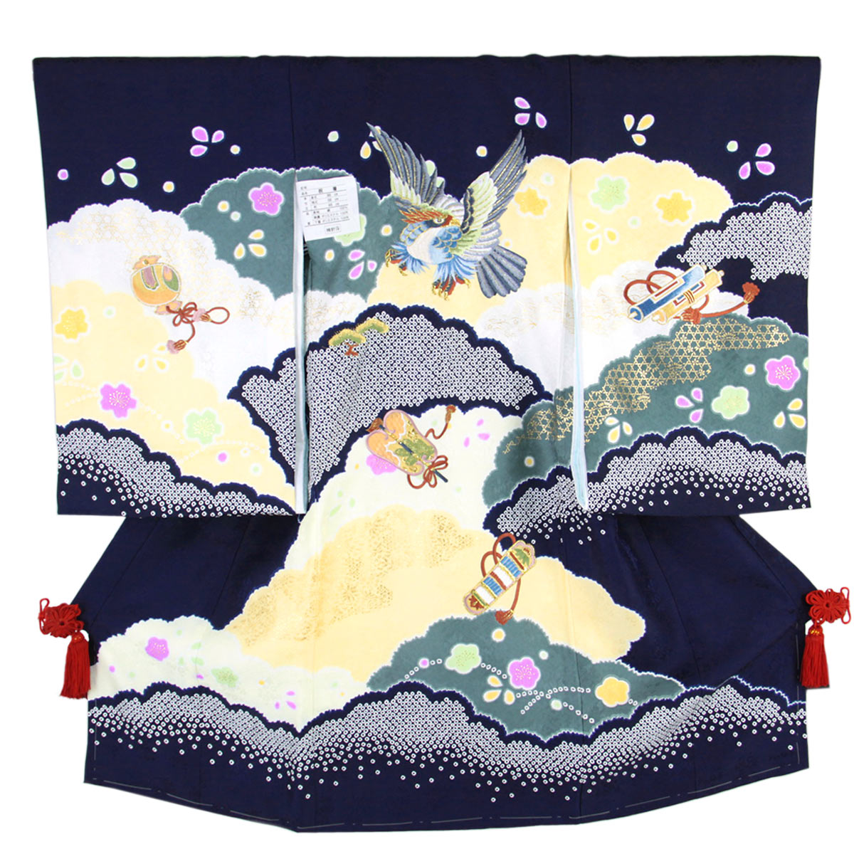 宮参り着物 -6- 熨斗目 男の子用 絹100% 刺繍 黒/紺 鷹 : あおい 正直