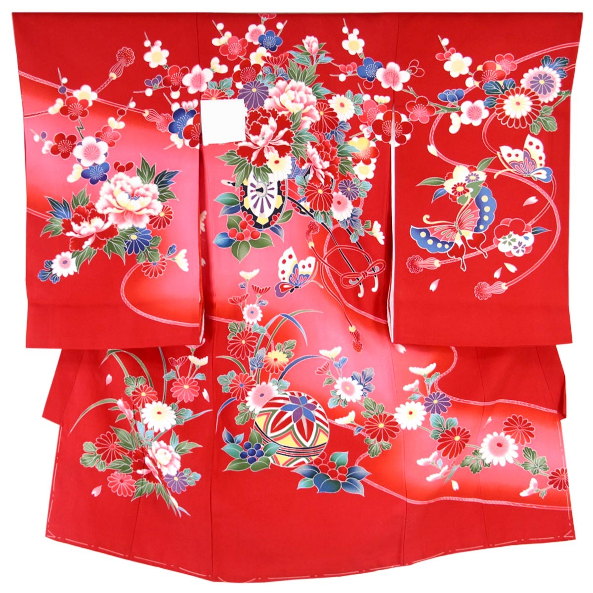 あおい様 手鞠柄 3歳 女の子 七五三 金彩 刺繍 正絹 お祝い 祝い着 着物 宮参り着物 -64- 熨斗目 女の子用 絹100% 金彩 赤 花車/蝶々/手鞠柄