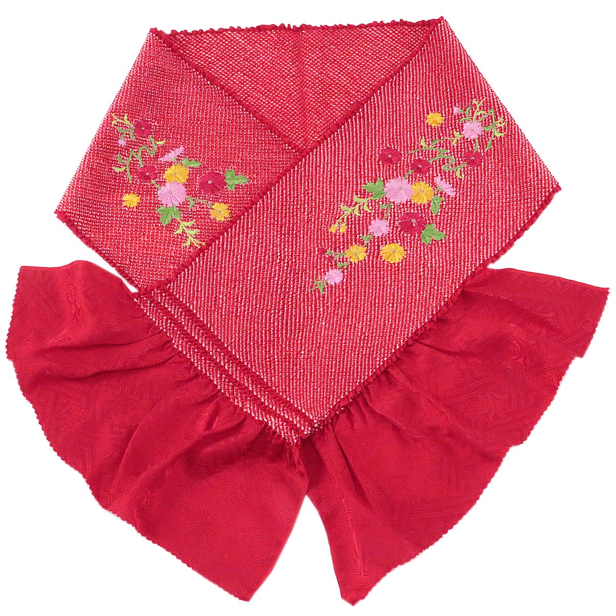 総絞り帯揚げ 振袖用 -2K- 正絹 鹿の子絞り 四つ巻き 刺繍入り 絹100