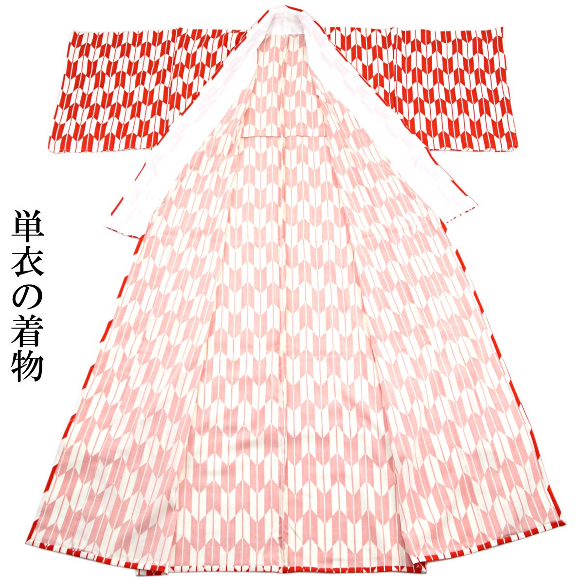 ウール大好き！ウール着物【黒白ピンク 四角 絣模様 】ピンクの差し色がポイント♪ ウール大好き！ウール着物【黒白ピンク 四角 絣模様 】ピンクの差し色