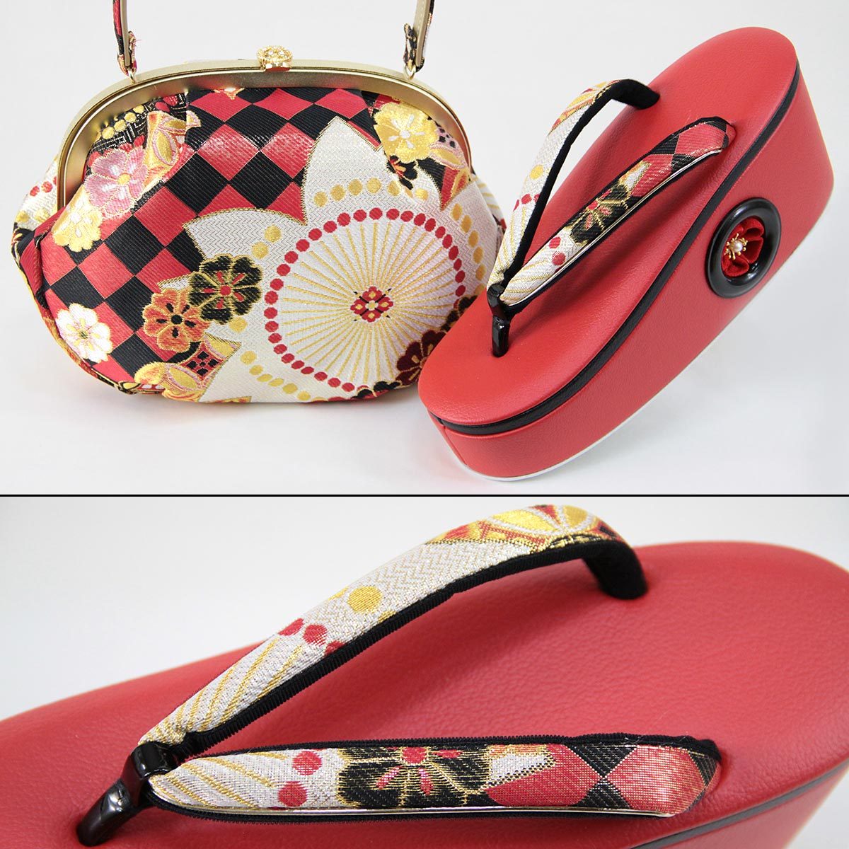 華三彩 草履バッグセット G7208-1 ヒール草履/がま口バッグ 赤台 M