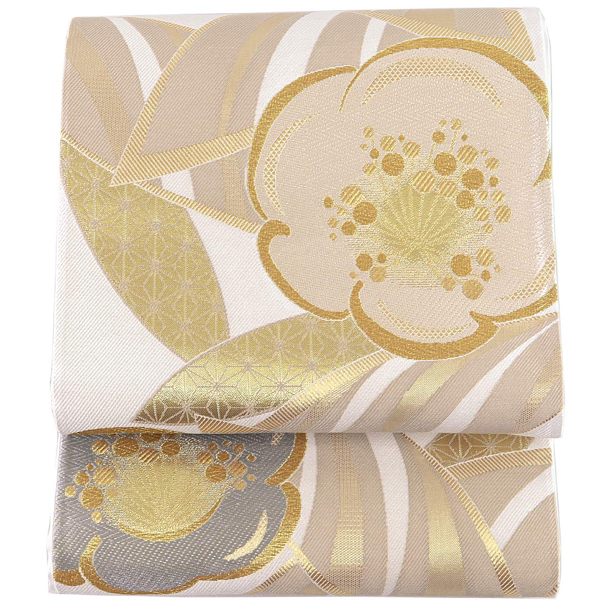 袋帯 振袖用 -23- 西陣織 大光 六通柄 絹混 白橡地/金 梅の花柄