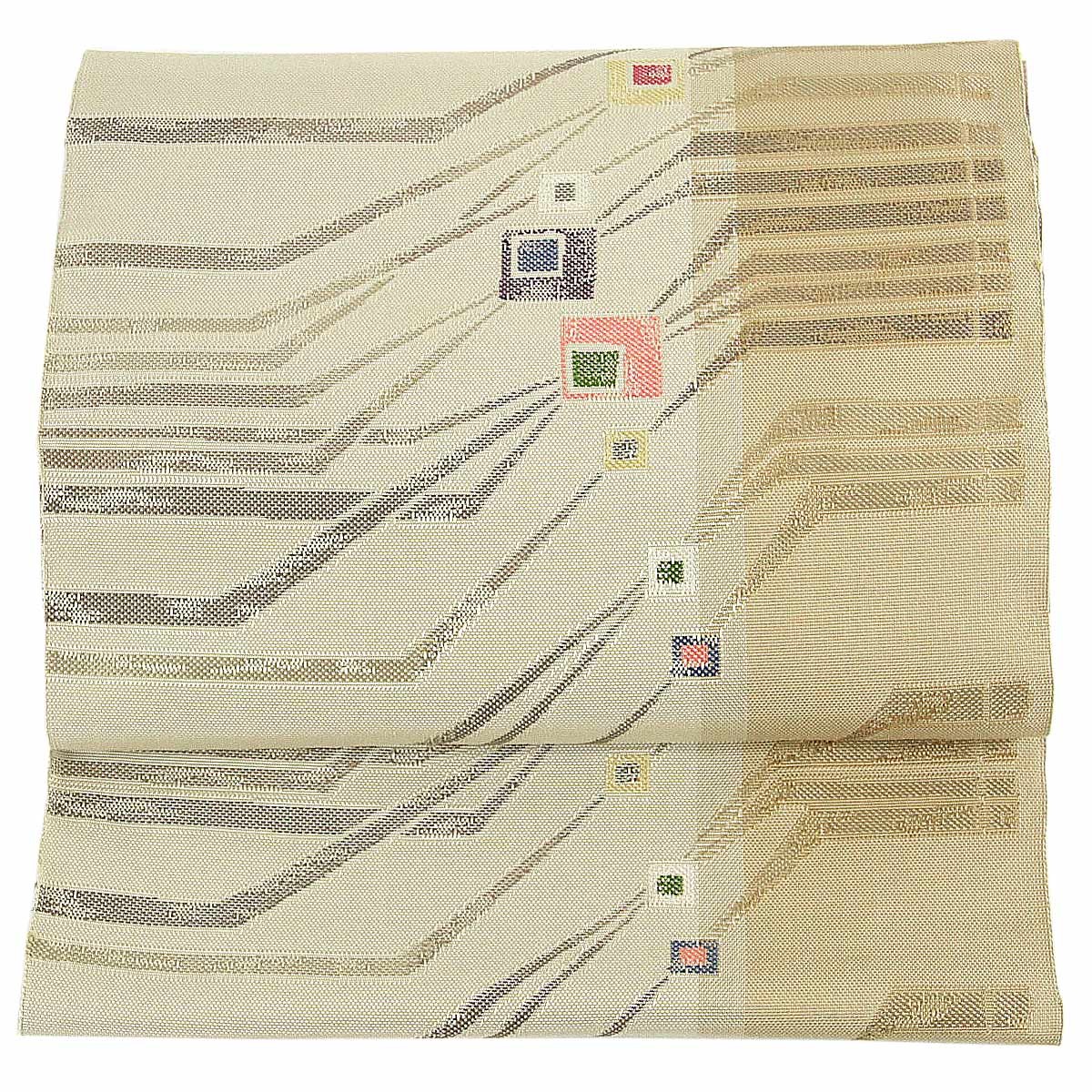 もらって嬉しい出産祝い 正絹 八寸袋名古屋帯 25 象牙色 砂色 ライン 六通柄 絹100 西陣織 名古屋帯 Sutevalle Org