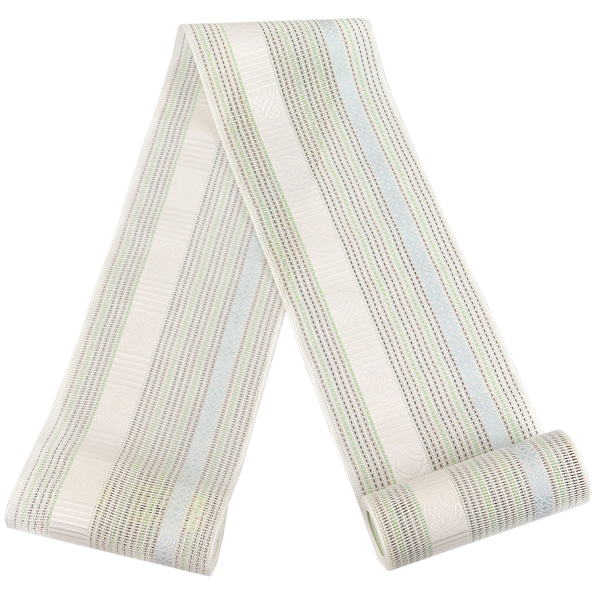 紗夏帯 半幅帯 -14- 正絹 博多織 絹100% 白/ベージュ系