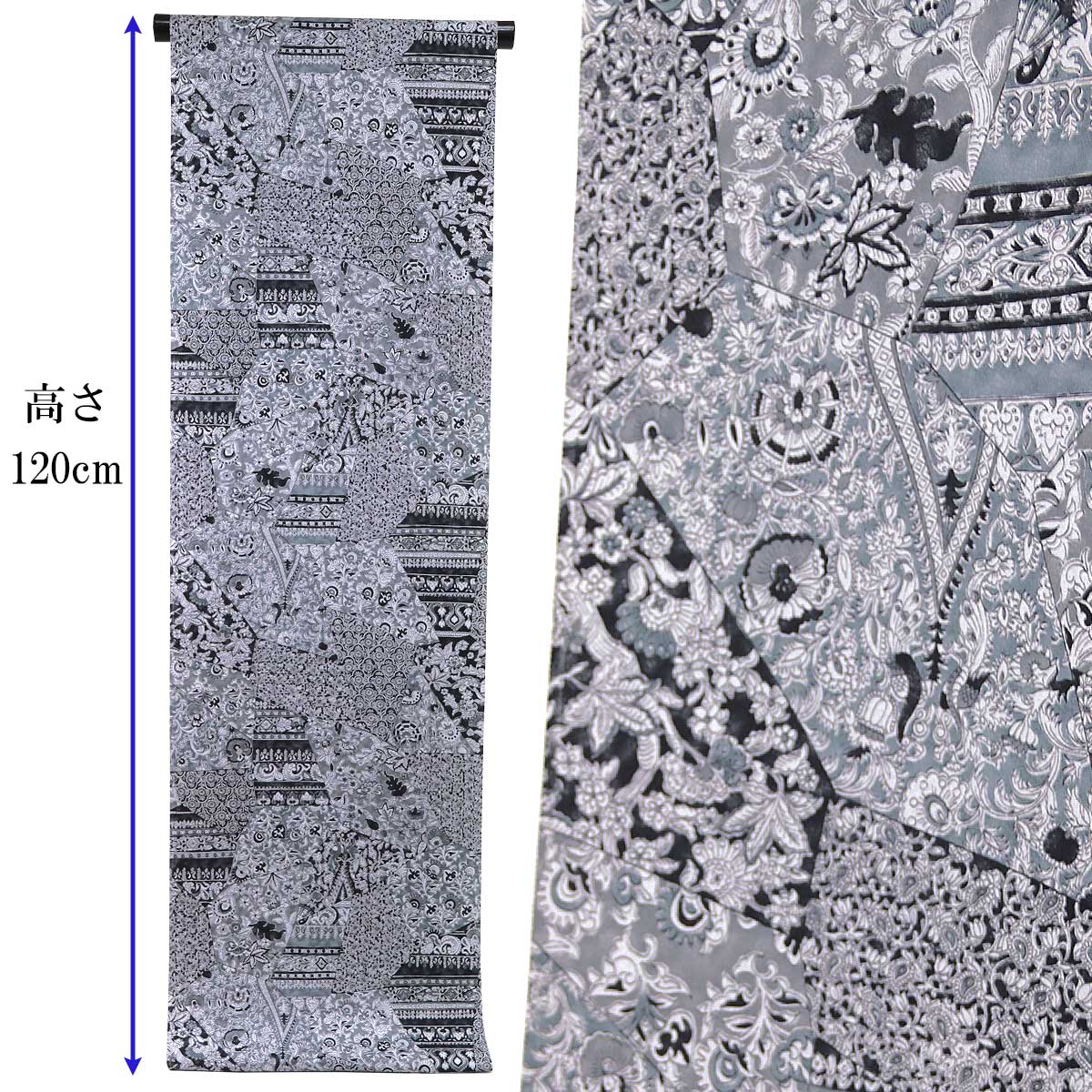 小紋 反物 -54C- 京友禅 モノトーン 切嵌更紗 紋意匠ちりめん 正絹 絹