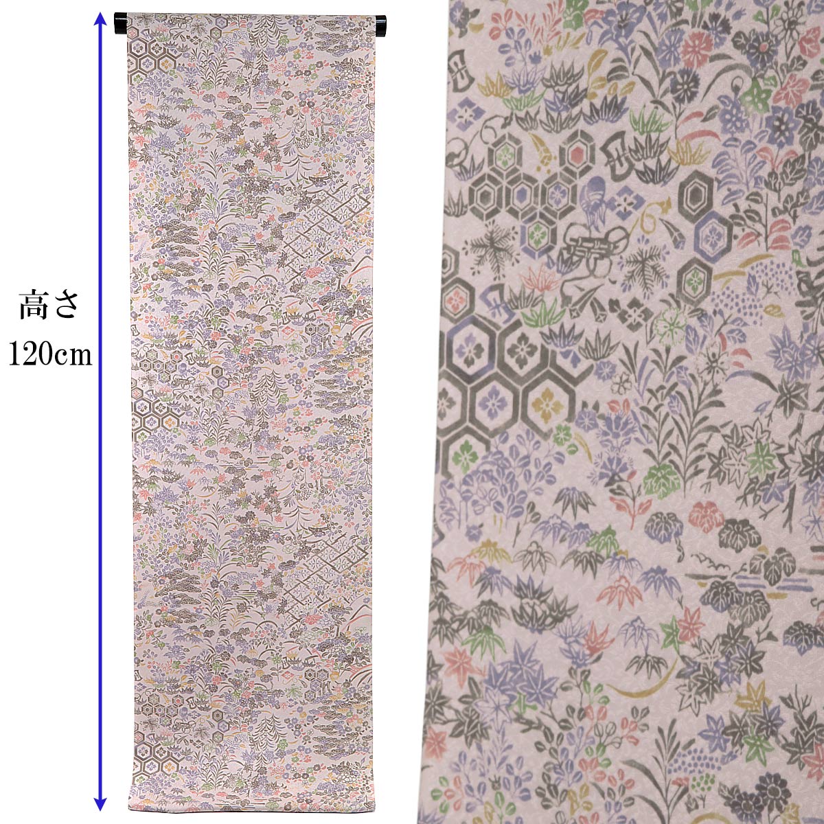 小紋 反物 -56- 京友禅 灰桜/灰茶 四季草花柄 紋意匠ちりめん 正絹 絹100%の画像