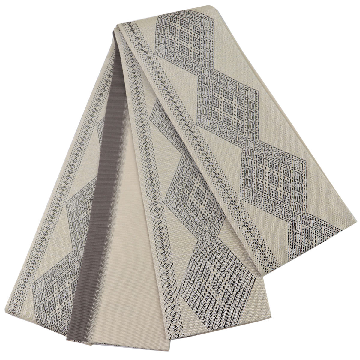 米沢織　絹 和紙　宝来屋　紙こぎん四寸帯　半幅帯 　長尺⑮ 宝来屋 半幅帯 紙こぎん四寸 -30A- 菱並 砂色 米沢織 長尺 絹/和紙