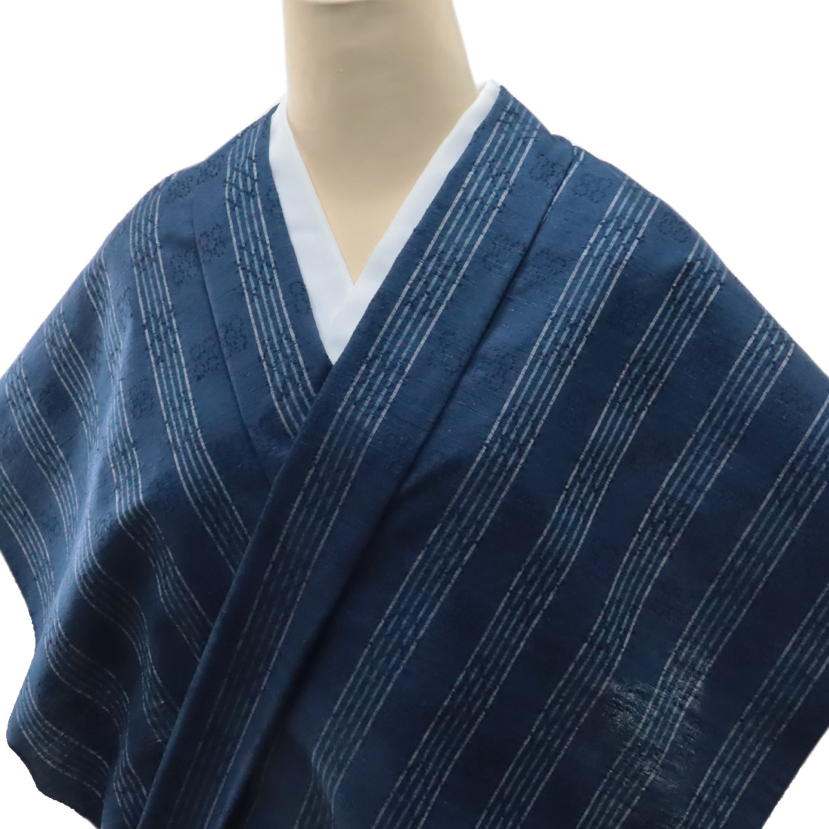 紬 反物 -2- 花織 琉里縞 正絹紬 絹100% 青藍 縞柄 : n-tmg-2 : あおい 