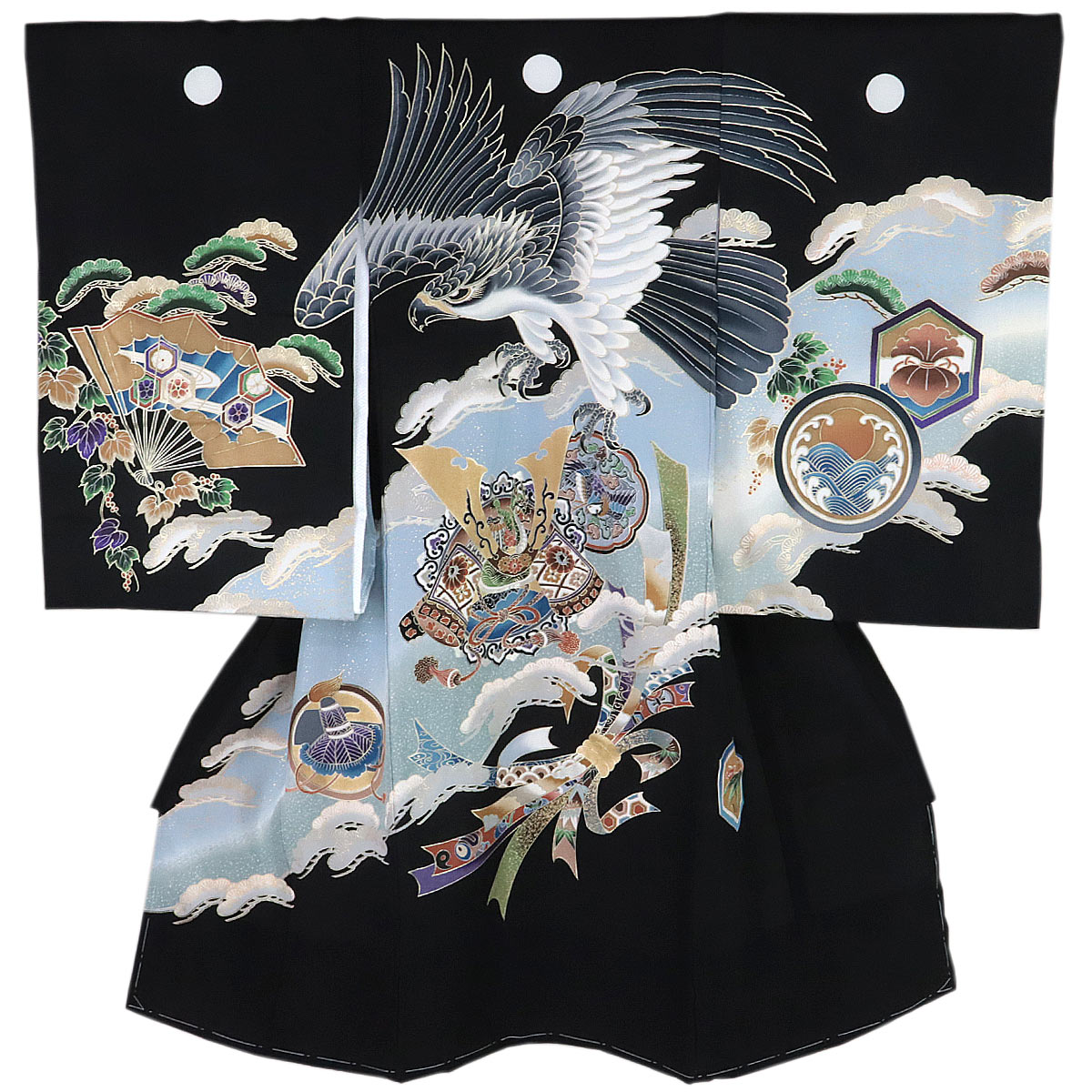 宮参り着物 -11- 熨斗目 男の子用 絹100% 金彩 黒 鷹/兜 : あおい 正直