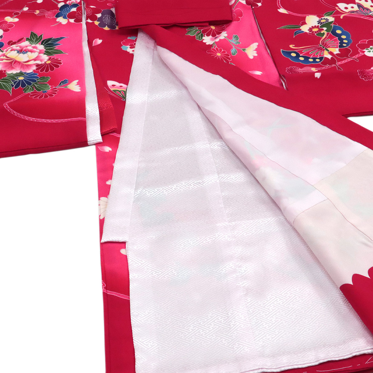 宮参り着物 -22- 熨斗目 女の子用 絹100% 金彩 真紅 鼓/花柄 : あおい