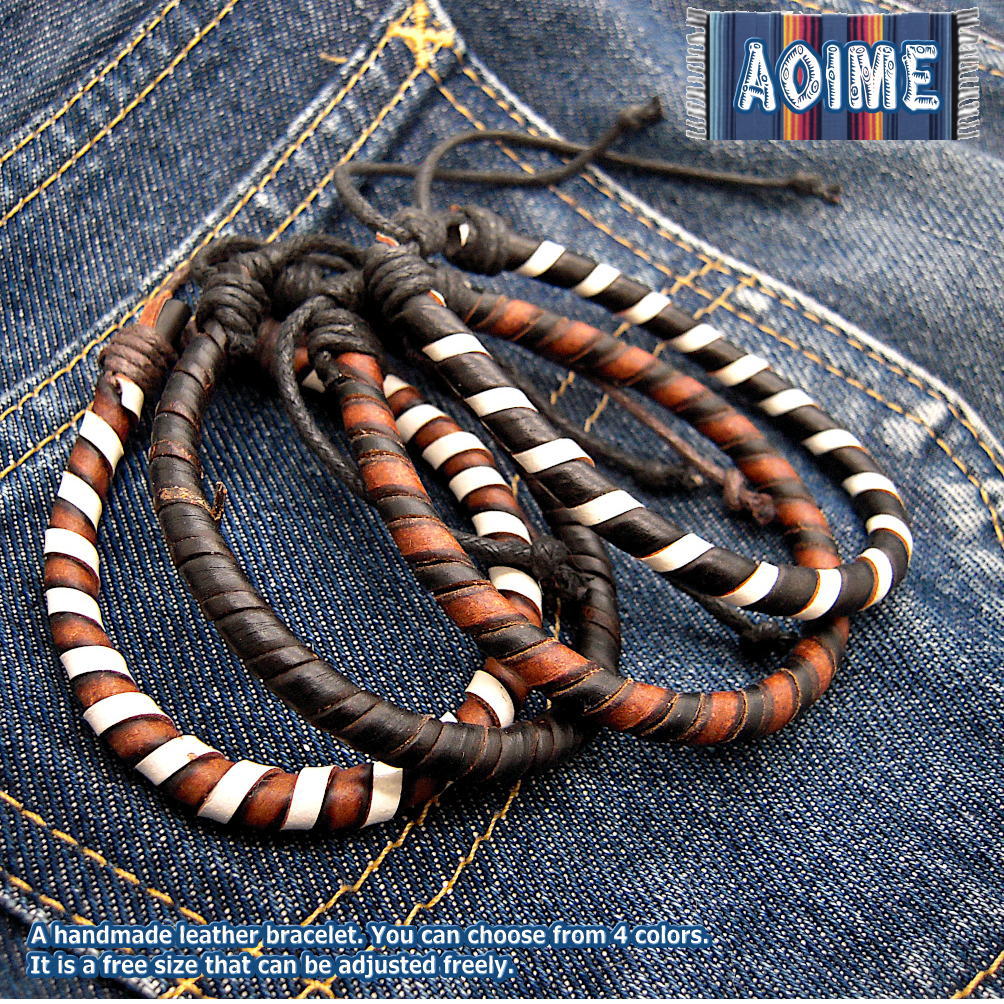 クルクル丸編み レザー ＆ コットン フリーサイズ ブレスレット ト