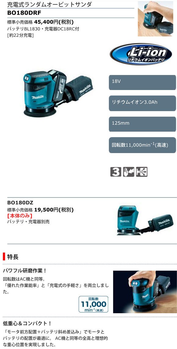 マキタ電動工具 充電式ランダムオービットサンダ 18.0V BO180DRF