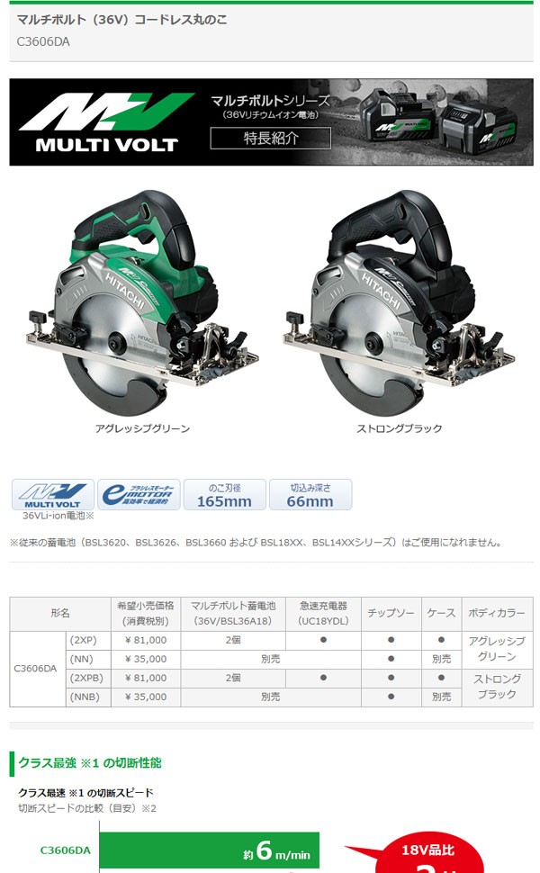 日立 コードレス丸ノコC3606DA(2XP) 早い者勝ち 黒 日立工機 C3606DA(2XP) 36Vコードレス丸のこ ウエダ金物【公式