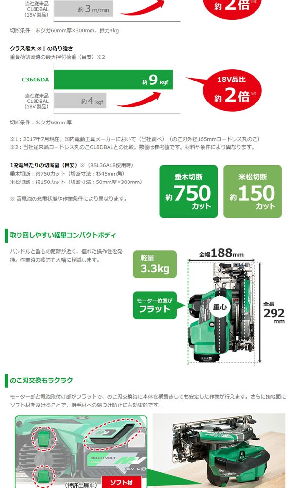 日立工機 C3606DA(2XP) コードレス丸のこ 36V(電池2個・充電器 日立工機 C3606DA(2XP) コードレス丸のこ 36V(電池2個・充電器