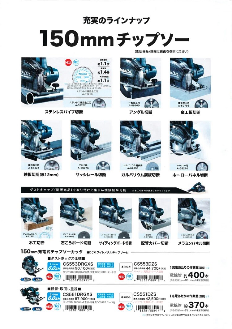 マキタ電動工具 150mm充電式チップソーカッタ CS551DRGXS 18V マキタ電動工具 150mm充電式チップソーカッタ CS551DRGXS 18V