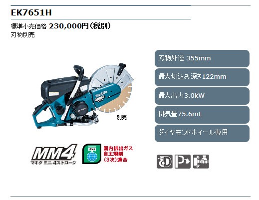 マキタ電動工具　エンジンカッタ　355mm　4ストロークエンジンEK7651H（刃物別売）