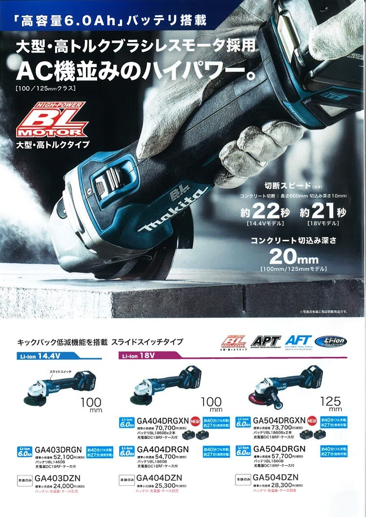 マキタ電動工具 125mm充電式ディスクグラインダ GA504DRGXN 18V 6.0Ah