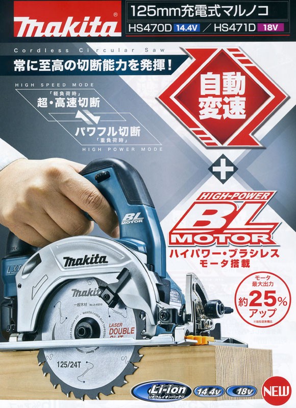 マキタ電動工具　125mm充電式マルノコ(14.4V)　HS470DZ（青）（バッテリ・充電器・ケース別売本体のみ）　　　充電工具