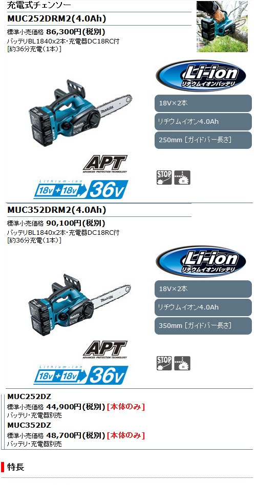 マキタ電動工具 充電式チェンソー MUC252DZ 本体のみ （18V×2=36V