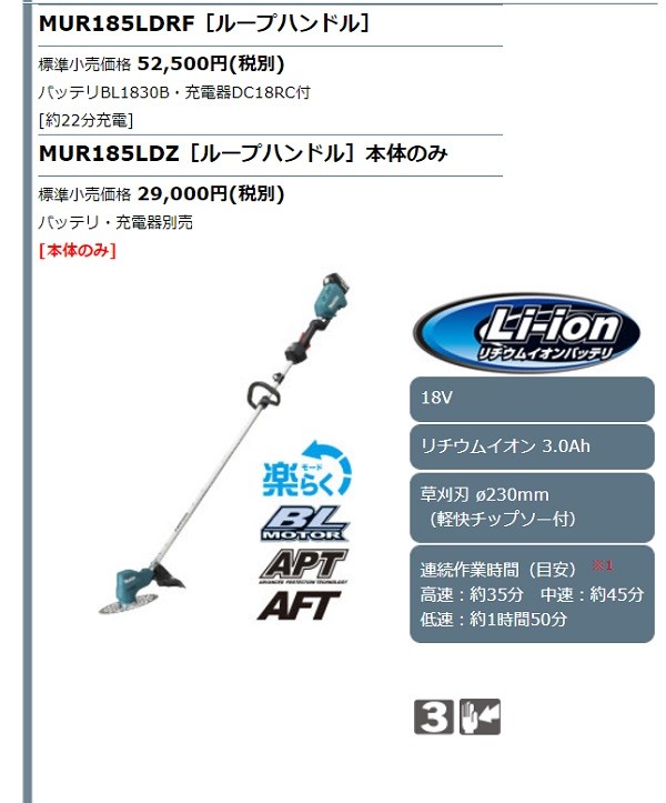 マキタ電動工具　充電式草刈機　MUR185LDZ 18V　ループハンドル　本体のみ（バッテリ・充電器別売）　標準棹