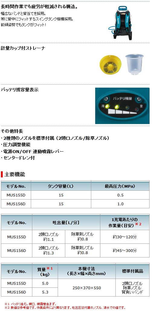 マキタ電動工具　充電式噴霧器　MUS155DSH　（15L)18V(1.3Ah)電池・充電器付
