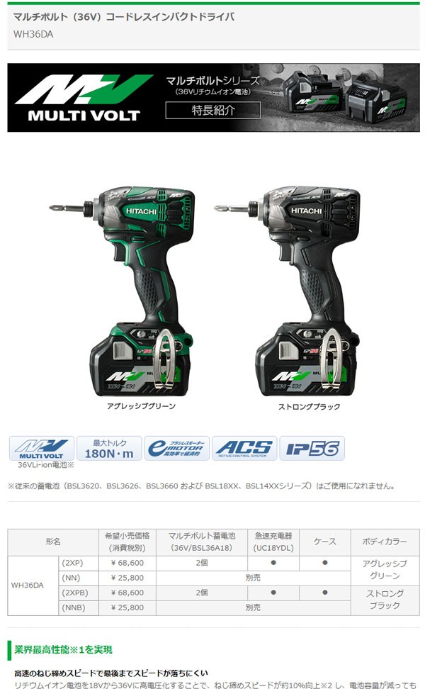 輝い HITACHI 日立工機 36V コードレスインパクトドライバ WH36DA 2XP