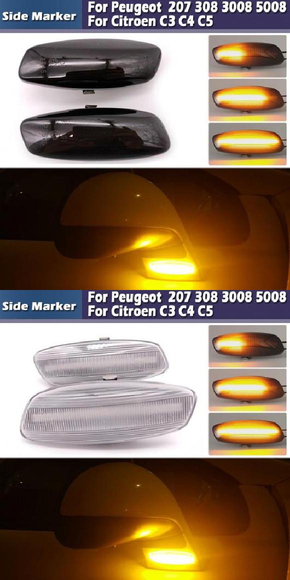 2ピース ダイナミック アンバー LED フロント サイドマーカー ライト 適用: プジョー/PEUGEOT 207 308 3008 5008 RCZ スモーク・クリア AL-MM-5827 AL