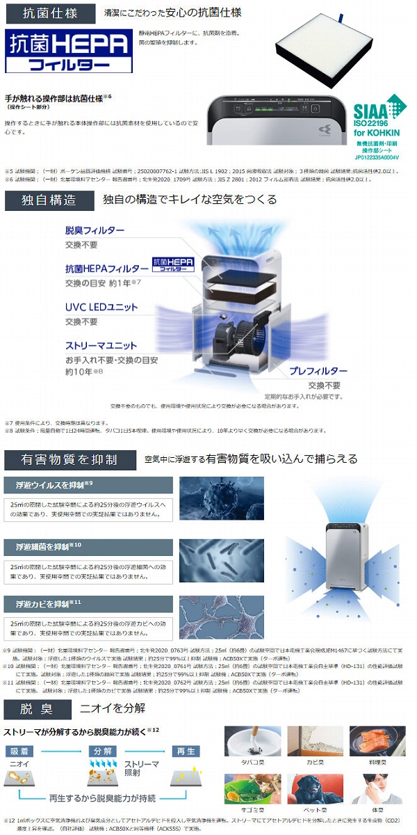 日本売上★ダイキン　ACB50X　新品　ストリーマ技術+UVC LED+抗菌HEPAフィルター搭載の空気清浄機　WF ダイキン