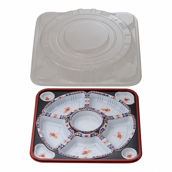 オードブル容器セット 有田 紺 38cm 6仕切/透明蓋付 入数：1セット(10セット入) TO-380(XAZ1006)