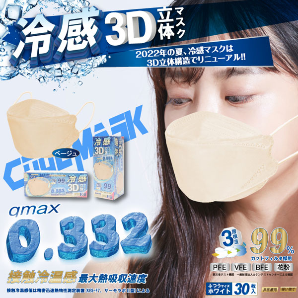 HIRO 3D立体 冷感マスク ベージュ ふつうサイズ 暑い夏をcoolに乗り切る！接触冷感！ 入数：1箱(30枚)｜apagency｜02