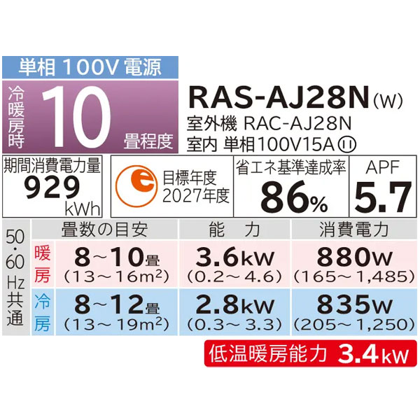 日立 ルームエアコン 白くまくん AJシリーズ 10畳程度 単相100V 2023年モデル コンパクトサイズのシンプルエアコン RAS-AJ28N-W｜apagency｜02