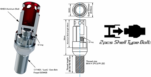 協永産業/KYO-EI Kics レデューラレーシング ボルト＆ロックセット ZS44 レッド M14×P1.25 シェルタイプ 入数：1セット(ボルト16個/ロック4個) ZS44-3528R｜apagency｜02