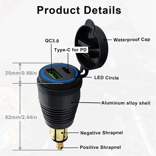 オートバイ DIN プラグ 防水 チャージャー QC3.0 USB チャージャー \u0026 タイプ C 30W パワー デリバリー アダプタ ソケット SR-AA-8346の画像