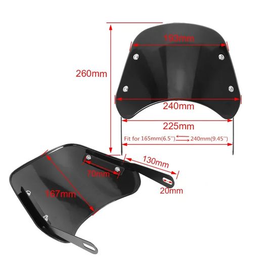 オートバイ シールド ウィンド デフレクター ウインドスクリーン ユニバーサル モト 6.5-9.45 インチ ラウンド ヘッドライト ブラック・グレー SR-BB-4214の画像