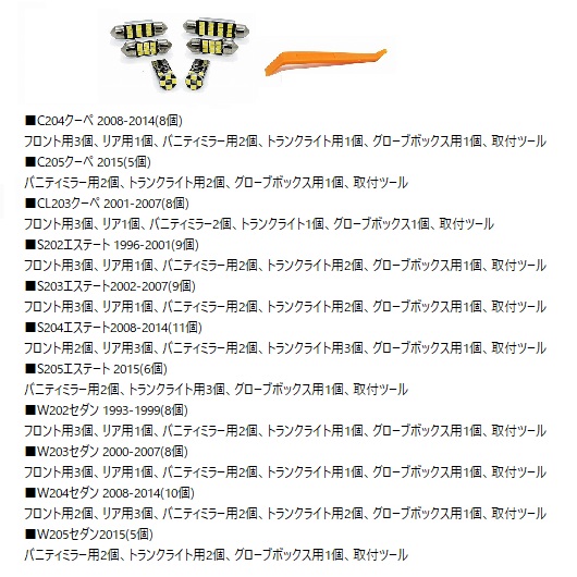 車内 ルームライト LED 適用: ウォームホワイト・アイスブルー W202 セダン 8ピース〜C204 クーペ 8ピース AL-NN-8543 AL_4