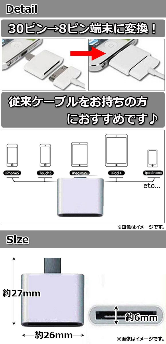 AP iPhone iPad iPod用変換アダプター 4 4s以前のケーブルを使用可 同期＆充電OK！ 30→8ピン AP-TH107