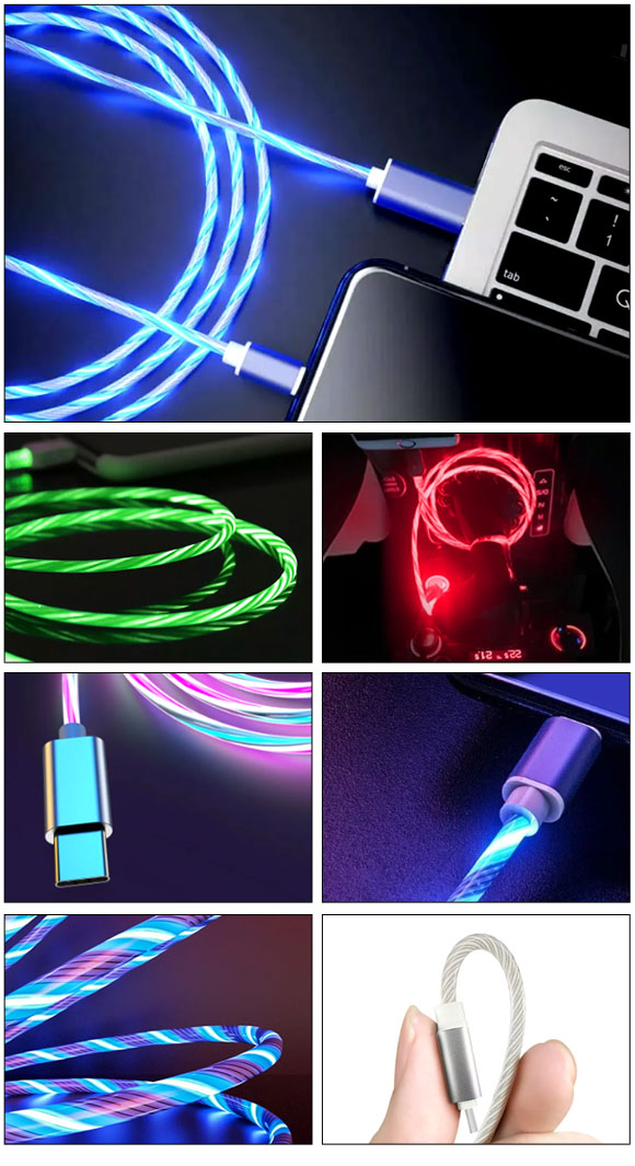 光るUSB充電ケーブル マルチカラー 1m TPE素材 USB-A/USB Type-C 急速充電対応 AP-UJ1055-RGB | オートパーツエージェンシー | 01