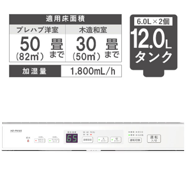 ダイニチ ハイブリッド式加湿器 PNタイプ パワフルモデル ホワイト プレハブ洋室50畳/木造和室30畳 広いスペースもしっかりうるおす HD-PN185(W)の画像