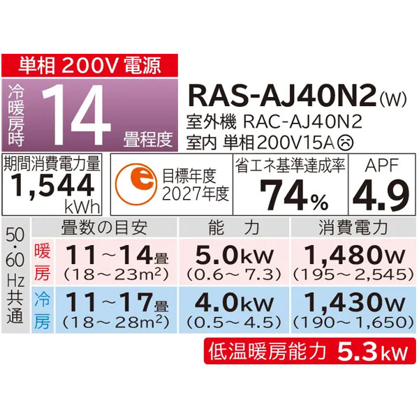 日立 ルームエアコン 白くまくん AJシリーズ 14畳程度 単相200V 2023年モデル コンパクトサイズのシンプルエアコン RAS-AJ40N2-W｜apagency02｜02