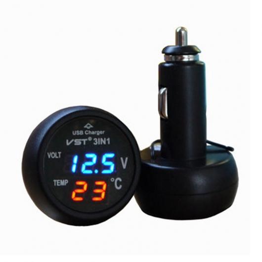 3in1 デジタル LED カー 電圧計温度計オート USB充電器12ボルト 24ボルト温度計電圧計 シガーライター 選べる3カラー AL-AA-1817 AL｜apagency03