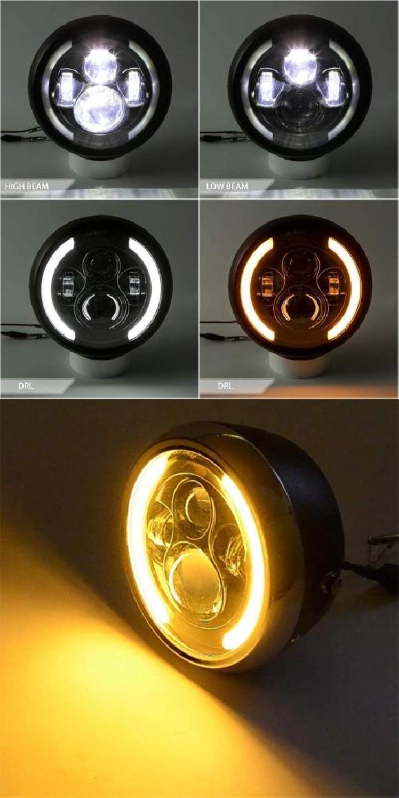 7.5インチ ユニバーサル ラウンド オートバイ LED ヘッドライト レトロ オートバイ ヘッドライト ブラック・シルバー×ブラック AL-KK-5239 2輪 AL
