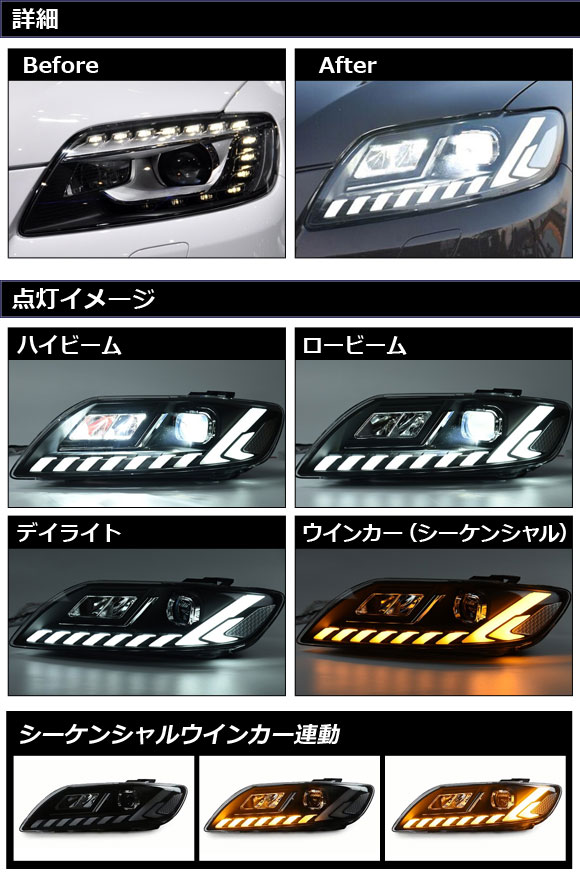 ヘッドライト アウディ Q7 4L系 後期/AFS機能搭載車用 2009年09月〜2016年02月 右ハンドル用 シーケンシャルウインカー連動 入数：1セット(左右) AP-LL553の画像