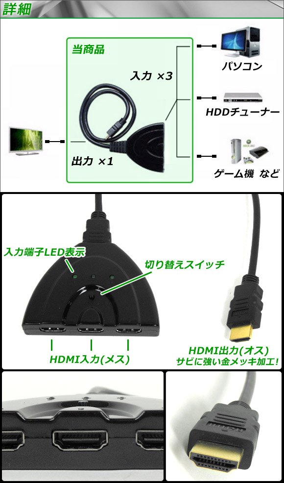 AP HDMI切替器 3D/フルHD1080p対応 3台のHDMI機器を接続可能に！スイッチで簡単切替！ AP-TH111｜apagency4｜02