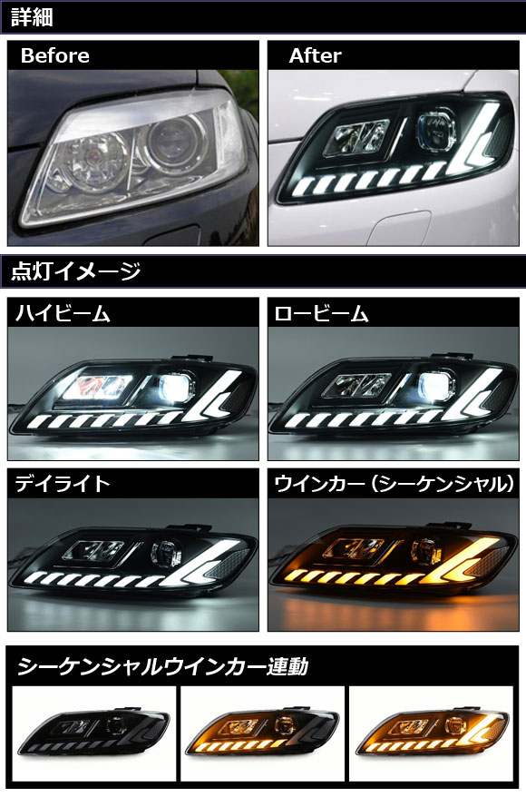 ヘッドライト アウディ Q7 4L系 前期/AFS機能搭載車用 2006年10月〜2009年08月 右ハンドル用 シーケンシャルウインカー連動の画像