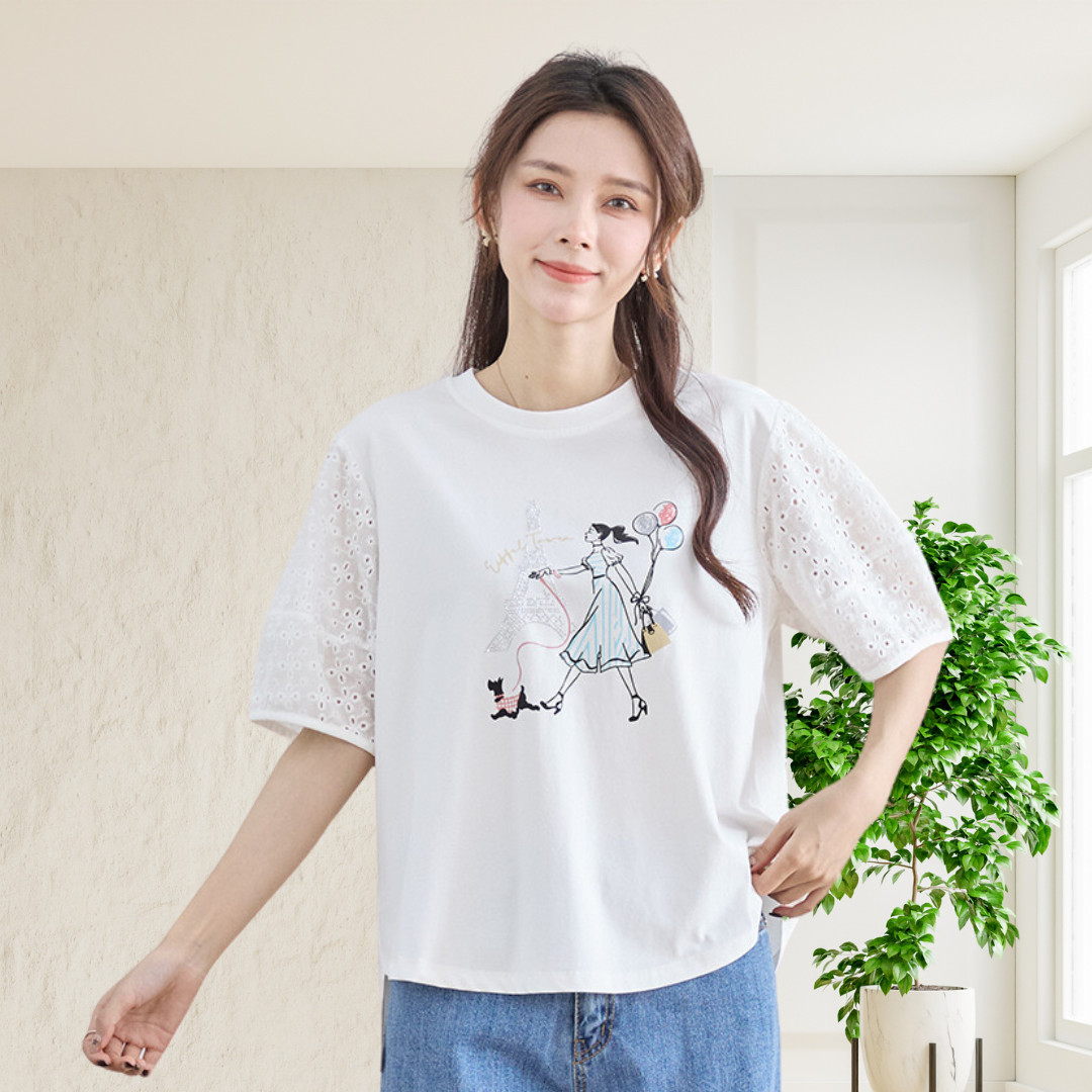 tシャツ カバーデザインレース切替プリントTEE レディース カバーデザインレース切替プリントTEE（Tシャツ/カットソー