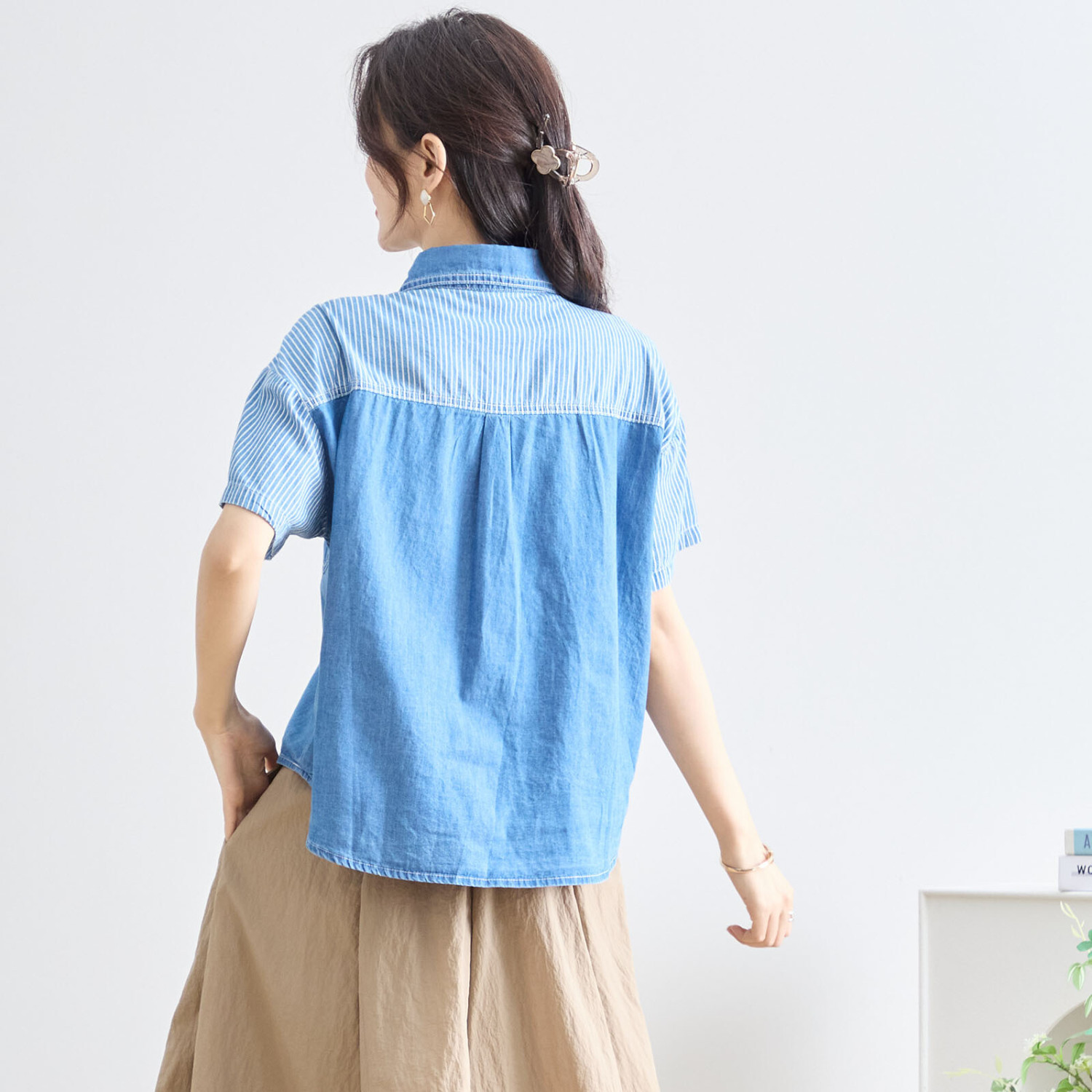 TRUBE デニムストライプ切替半袖シャツ【M~L】デニムブルー : 銀座