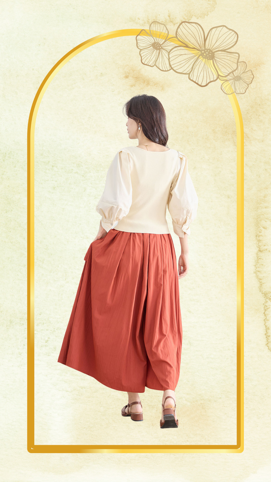 TRUBE パンツ タックワイドスカート風ガウチョパンツ テラコッタ (M~L